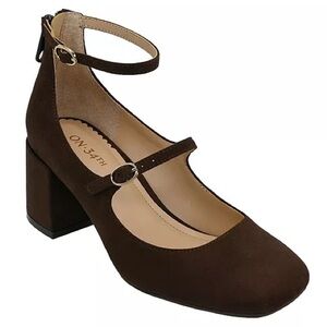 ON 34TH Brown Suede Mary Jane Block Heel with Ankle Strap